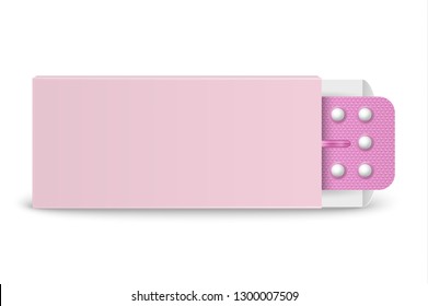 Vector Realistic Packaging Of Birth Control Pills In Box Closeup Isolated. Contraceptive Pill, Hormonal Tablets. Design Template Of Women Drugs For Mockup. Planning Pregnancy. Front View