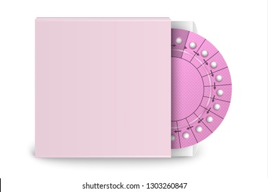 Vector Realistic Packaging of Birth Control Pills in Box Closeup Isolated. Contraceptive Pill, Hormonal Tablets. Design Template of Women Drugs for Mockup. Planning Pregnancy. Front View