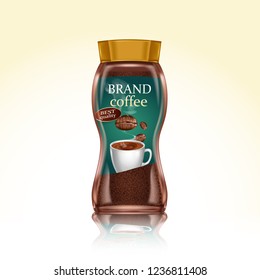 Vector realistic packaging illustration. Coffee bottle with beans and cup, hot product.