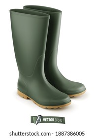 Vector realistic pair of green rubber boots on white background