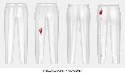 Vector realistic pair of pants, one dirty, crumpled with stain of wine, blood or ketchup, other white, clean and ironed, isolated on background. Front and back views, clothes before and after washing