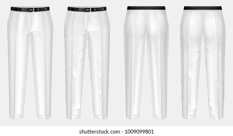 Vector realistic pair of white pants with black belt, one clean and ironed, other crumpled, isolated on background. Casual wear, unisex trousers, mockup for your design, before and after ironing