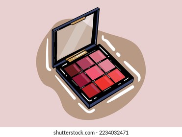 Vector realistic palette of red colors eyeshadows with mirror isolated on background