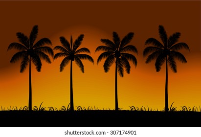 vector realistic palm trees silhouette with sunset sky in orange and black