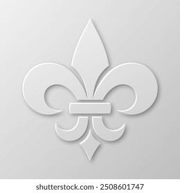 Papel realista vetorial 3d Fleur De Lis Closeup no fundo branco. Símbolo de lírio heráldico, ilustração vetorial