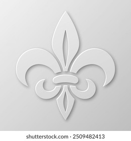 Papel realista vetorial 3d Fleur De Lis Closeup no fundo branco. Símbolo de lírio heráldico, ilustração vetorial