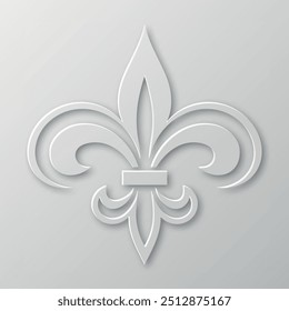 Papel realista vetorial 3d Fleur De Lis Closeup no fundo branco. Símbolo de lírio heráldico, ilustração vetorial