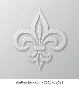 Papel realista vetorial 3d Fleur De Lis Closeup no fundo branco. Símbolo de lírio heráldico, ilustração vetorial