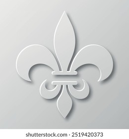 Papel realista vetorial 3d Fleur De Lis Closeup no fundo branco. Símbolo de lírio heráldico, ilustração vetorial