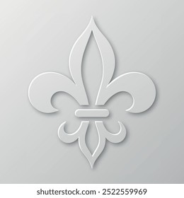 Papel realista vetorial 3d Fleur De Lis Closeup no fundo branco. Símbolo de lírio heráldico, ilustração vetorial