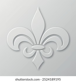 Papel realista vetorial 3d Fleur De Lis Closeup no fundo branco. Símbolo de lírio heráldico, ilustração vetorial