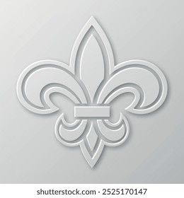 Papel realista vetorial 3d Fleur De Lis Closeup no fundo branco. Símbolo de lírio heráldico, ilustração vetorial