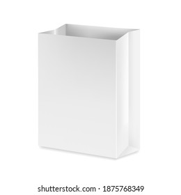 Vector realistic paper bag. Packaging for takeaway food or gifts. Empty white template. Close up. EPS 10.