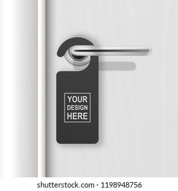 Vector realistic paper black blank door hanger on white realistic wooden door with metal silver handle. Door hanger mockup. Design template. Full length door is in a clipping mask