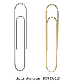 Vector realistic paper clip. Paper clip for gold and silver colors. Isolated on white. Gold and silver gradient. Vector EPS 10.