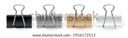 Vector realistic paper clips set. Black, white, gold, silver binder clip, paper holder isolated on white background