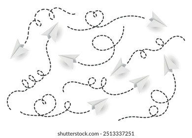 Kollektion von Vektorrealistischen Papierebenen. Symbolsatz für Papierebene. Herzförmige fliegende Papierebene mit gepunkteter Luftführung. Whitepaper Flugzeuge mit gepunkteter Route