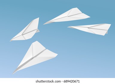 Vector realistic paper planes flying on the blue sky background