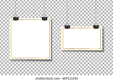 Vector realistic paper posters with golden stroke on the transparent background for decoration and corporate identity design