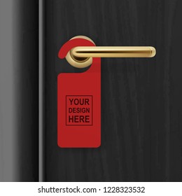 Vector realistic paper red door hanger on black realistic wooden door with metal gold handle background. Door hanger mockup. Design template for graphics. Full length door is in a clipping mask