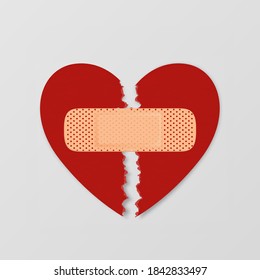 Vector Realistic Paper Textured Torn Heart with Medical Patch Closeup Isolated on White Background. Broken Heart, Divorce, Valentines Day, Relationship Concept. Paper Art