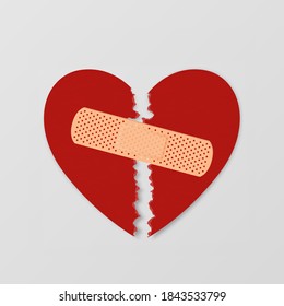 Vector Realistic Paper Textured Torn Heart with Medical Patch Closeup Isolated on White Background. Broken Heart, Divorce, Valentines Day, Relationship Concept. Paper Art