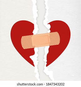 Vector Realistic Paper Torn Heart with Medical Patch Closeup Isolated on White Background. Broken Heart, Divorce, Valentines Day, Relationship Concept. Paper Art