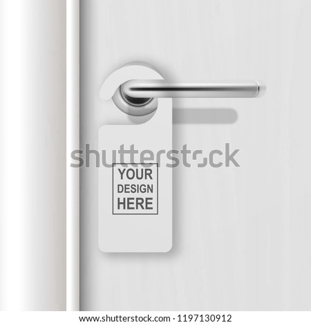 Vector realistic paper white blank door hanger on white realistic wooden door with metal silver handle background. Door hanger mockup. Design template for graphics. Full length door is in a clipping