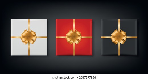 Vector Realistic Paper White, Red, Black Christmas Gift Box, Golden Bow Set Isolated. New Year, Christmas, Valentine Day, Anniversary Concept. Design Template of Christmas Present Packing. Top View