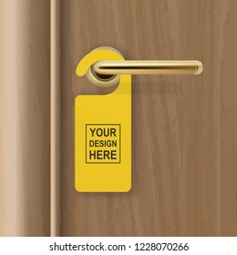 Vector realistic paper yellow door hanger on brown realistic wooden door with metal gold handle background. Door hanger mockup. Design template for graphics. Full length door is in a clipping mask