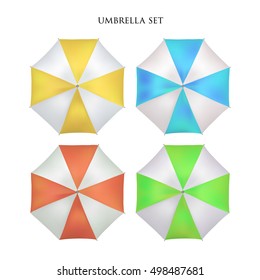 Vector realistic parasol rain umbrella, Sunshade set. colored bright, striped .Blank Classic Opened Round Mock up isolated .top View. illustration object for advertising, poster, banner design.