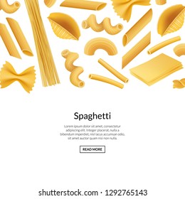 Vector realistic pasta types banner background illustration