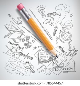 Vector realistic pencil on paper with sketch creative education, science, school hand drawn doodles symbols. Concept of idea, study, research and development. White background illustration