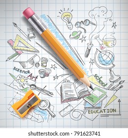 Vector realistic pencil, sharpener on notebook paper with colored sketch creative education, science, school hand drawn doodles symbols. Concept of idea, study, research and development illustration