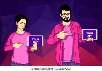 Vector realistic people keeping and pointing on tablet PC computer