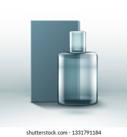 Vector realistic perfume bottle with men's fragrance and packing box isolated on light  background