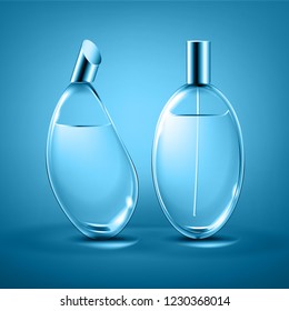 Vector realistic perfume transparent glass bottles different forms isolated on background