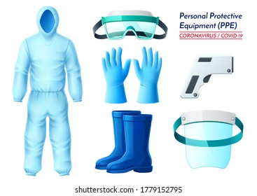 Vector realistas de equipo de protección personal de protección para hazmat traje, guantes, botas máscara de pantalla de protección facial, gafas protectoras para los ojos, termómetro. Covid conjunto de protección contra virus. para los trabajadores médicos.