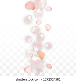 Vector Realistic Petals and Hearts Confetti. Flying Sakura and Hearts on Transparent Background. 8 March Background. Spring Romance Border. Vector Illustration for Amour Design.
