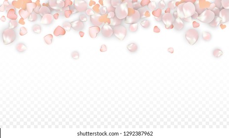 Vector Realistic Petals and Hearts Confetti. Flying Sakura and Hearts on Transparent Background. Women's Day Background. Spring Romance Frame. Vector Illustration for Amour Design.