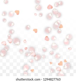 Vector Realistic Petals and Hearts Confetti. Flying Sakura and Hearts on Transparent Background. 8 March Background. Spring Romance Border. Vector Illustration for Honeymoon Design.