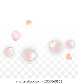 Vector Realistic Petals and Hearts Confetti. Flying Sakura and Hearts on Transparent Background. 8 March Background. Spring Romance Banner. Vector Illustration for Anniversary Design.