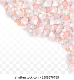 Vector Realistic Petals and Hearts Confetti. Flying Sakura and Hearts on Transparent Background. Women's Day Background. Spring Romance Border. Vector Illustration for Amour Design.