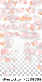 Vector Realistic Petals and Hearts Confetti. Flying Sakura and Hearts on Transparent Background. Romantic Love Background. Spring Romance Frame. Vector Illustration for Honeymoon Design.