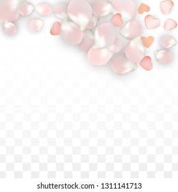 Vector Realistic Petals and Hearts Confetti. Flying Sakura and Hearts on Transparent Background. St. Valentine Day Background. Spring Romance Frame. Vector Illustration for Amour Design.