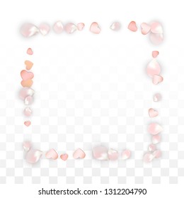 Vector Realistic Petals and Hearts Confetti. Flying Sakura and Hearts on Transparent Background. Wedding Invitation Background. Spring Romance Frame. Vector Illustration for Anniversary Design.