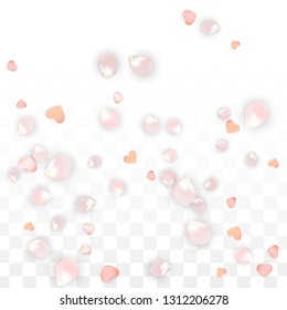 Vector Realistic Petals and Hearts Confetti. Flying Sakura and Hearts on Transparent Background. St. Valentine Day Background. Spring Romance Flyer. Vector Illustration for Anniversary Design.