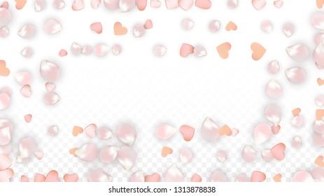 Vector Realistic Petals and Hearts Confetti. Flying Sakura and Hearts on Transparent Background. St. Valentine Day Background. Spring Romance Design. Vector Illustration for Proposal Design.