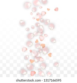 Vector Realistic Petals and Hearts Confetti. Flying Sakura and Hearts on Transparent Background. St. Valentine Day Background. Spring Romance Banner. Vector Illustration for Amour Design.