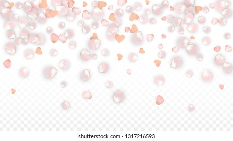 Vector Realistic Petals and Hearts Confetti. Flying Sakura and Hearts on Transparent Background. Romantic Love Background. Spring Romance Design. Vector Illustration for Proposal Design.